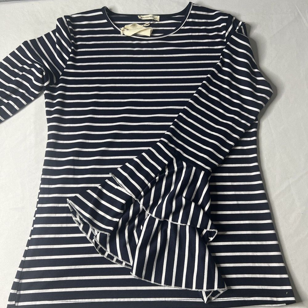 And The Why Womens Size L Navy Striped Flare Bell Sleeves Whimsical Academia NWT